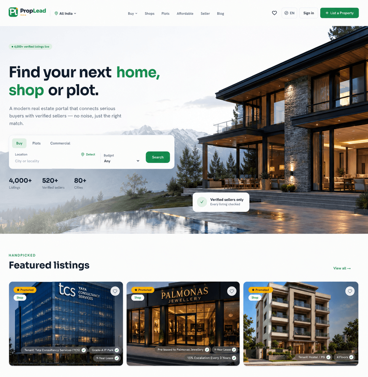 PropLead India homepage — real estate listings and search