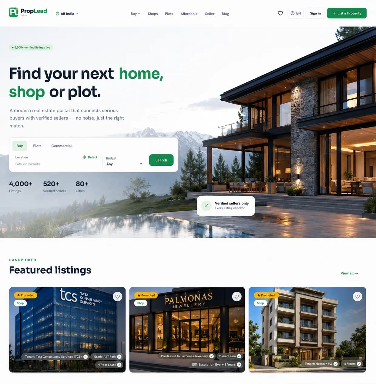 PropLead India — real estate portal homepage
