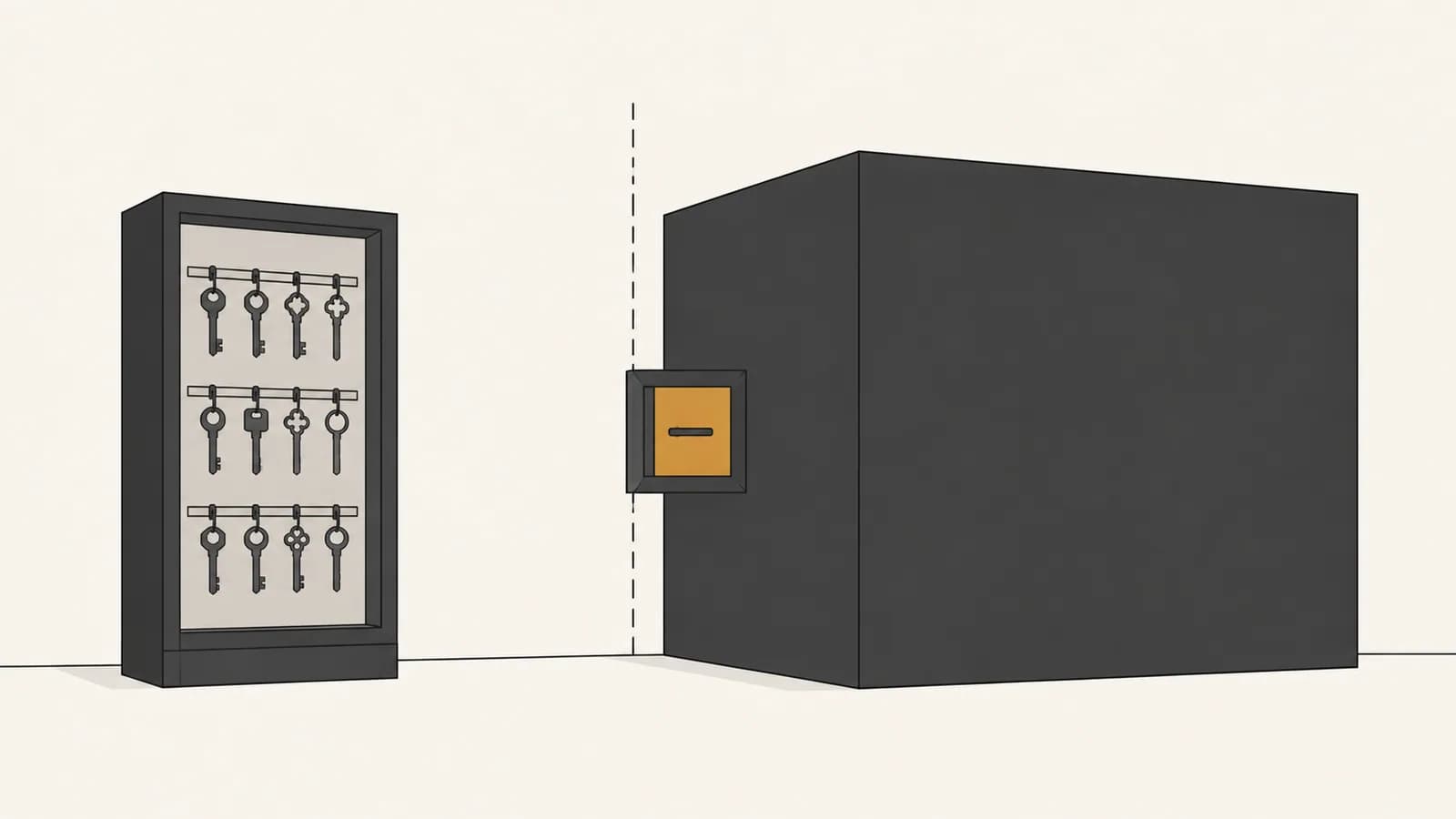 Flat vector illustration of a sealed workshop with a small pass-through hatch, connected to an outer room holding a key cabinet