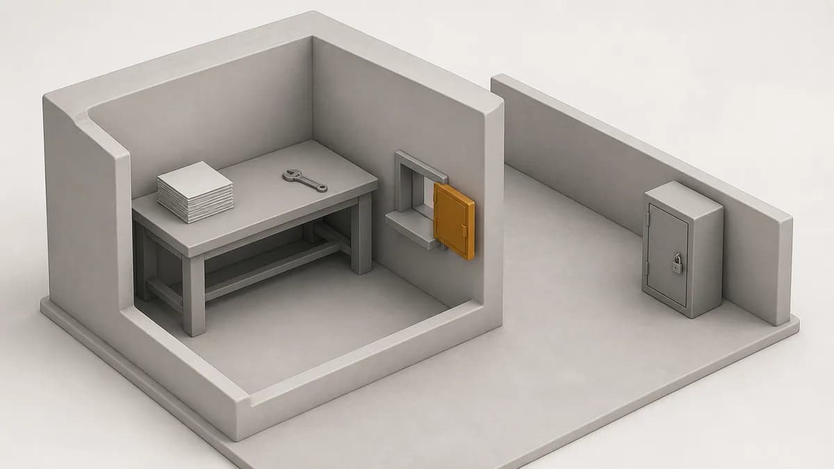 Isometric illustration of a sealed workroom with a small pass-through hatch and a separate key cabinet in the outer corridor