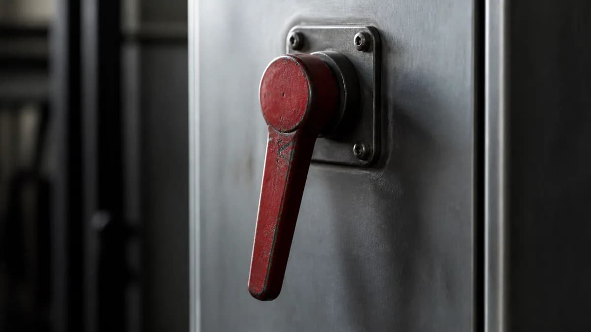 Close-up editorial photograph of a red industrial cut-off lever on a control panel, shallow depth of field