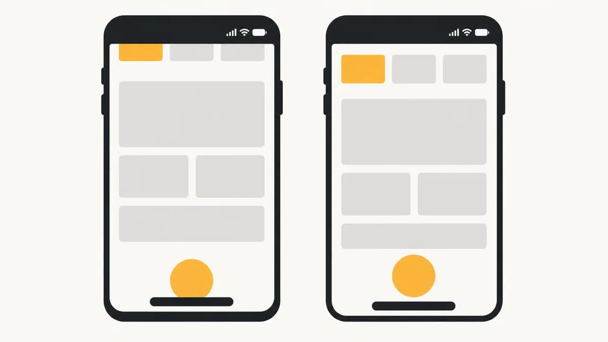 Flat vector illustration of two phone outlines side by side, one with its top row of interface elements sliding beneath the status bar area and its bottom button overlapped by the navigation pill, the other with both cleanly inset