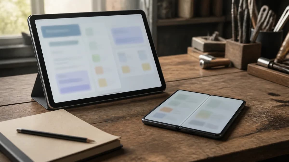 Editorial photograph of a tablet and an open foldable phone on a workshop desk beside a notebook, both showing wide stretched app layouts, shallow depth of field