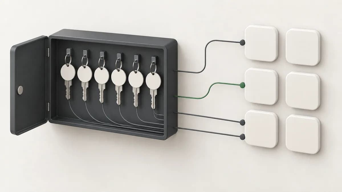Isometric illustration of a key cabinet with numbered tags, each key linked by a thin line to a separate app tile on a grid