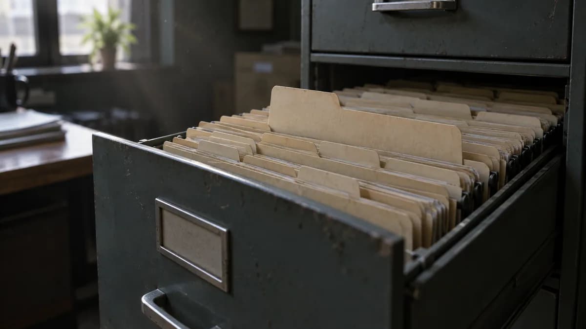 Editorial photograph of an open filing cabinet drawer of hanging folders in a dim office, one folder raised slightly above the rest