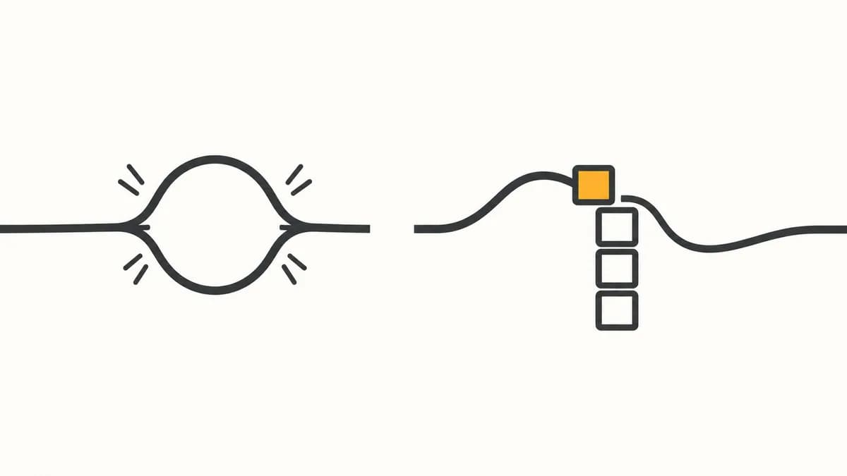 Flat vector illustration comparing a single line looping back on itself and stretching thin against the same line handing a small token to a stack of waiting squares