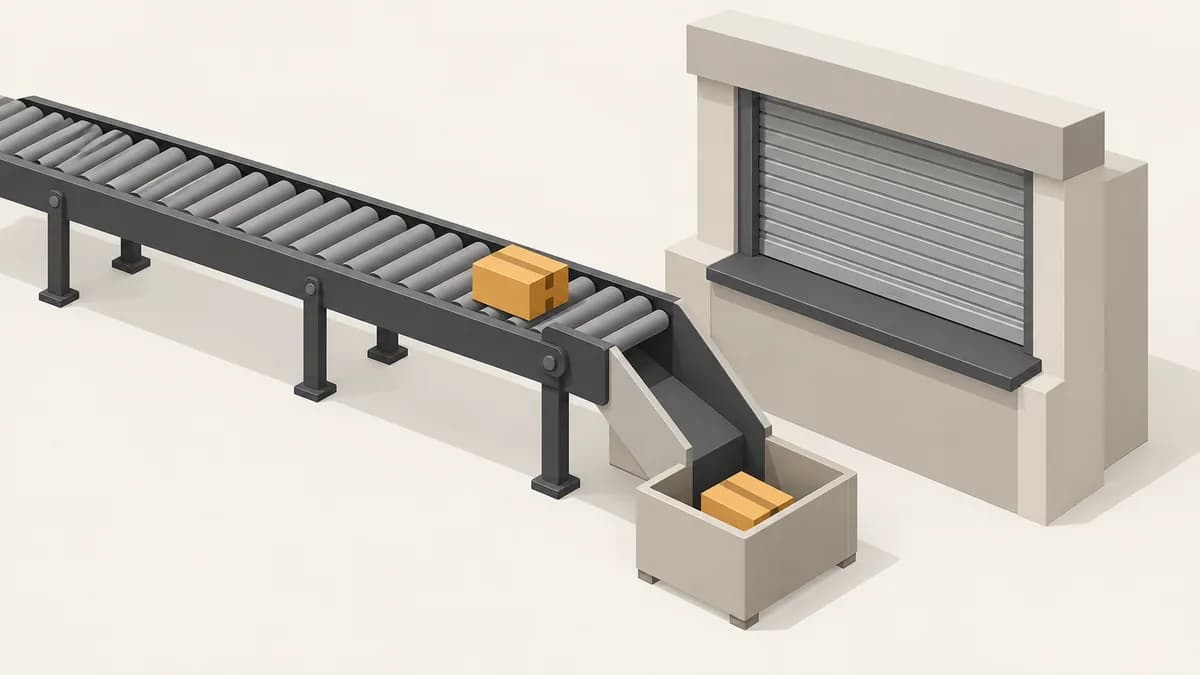 Isometric illustration of a parcel travelling along a conveyor toward a counter whose shutter has already closed, with a side chute diverting it into a bin