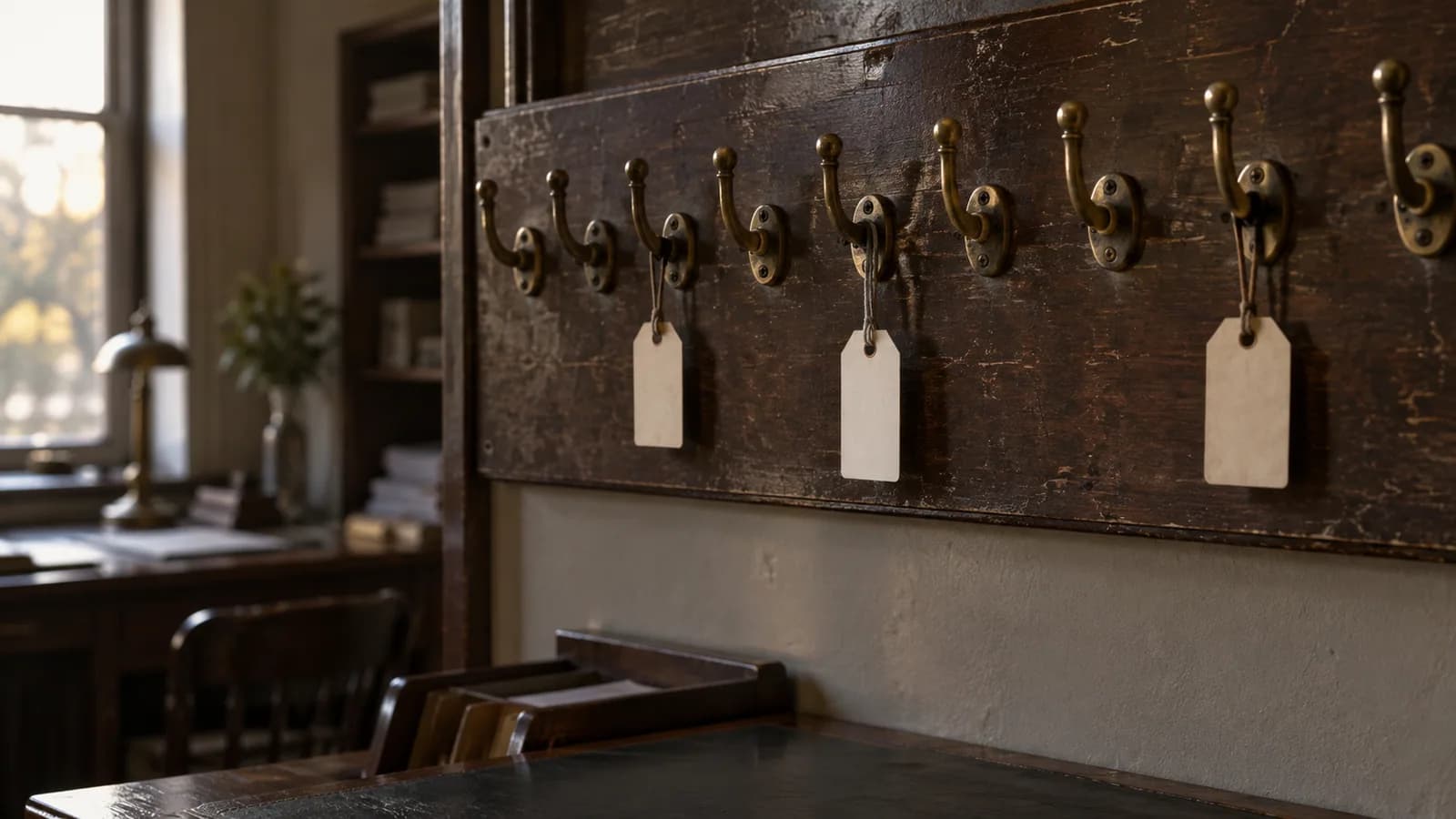 Editorial photograph of a row of brass key hooks on a worn wooden board in a hotel back office, most hooks empty and three holding tags on cords