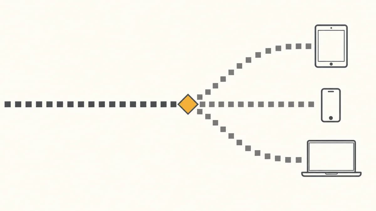 Flat vector diagram of a stream of small squares meeting a sorting junction and splitting into three separate lanes that end at three device outlines
