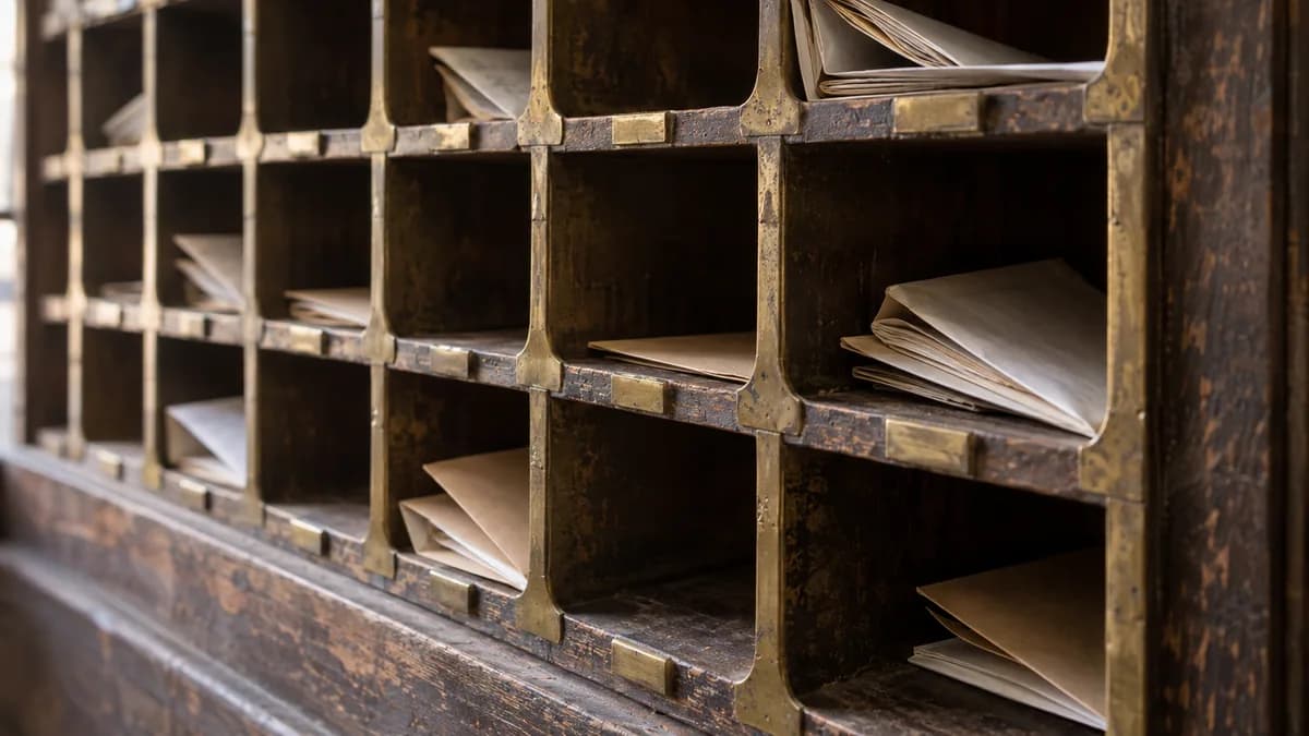 Editorial photograph of brass mail-sorting pigeonholes on a worn wooden wall, some slots holding folded paper and others empty
