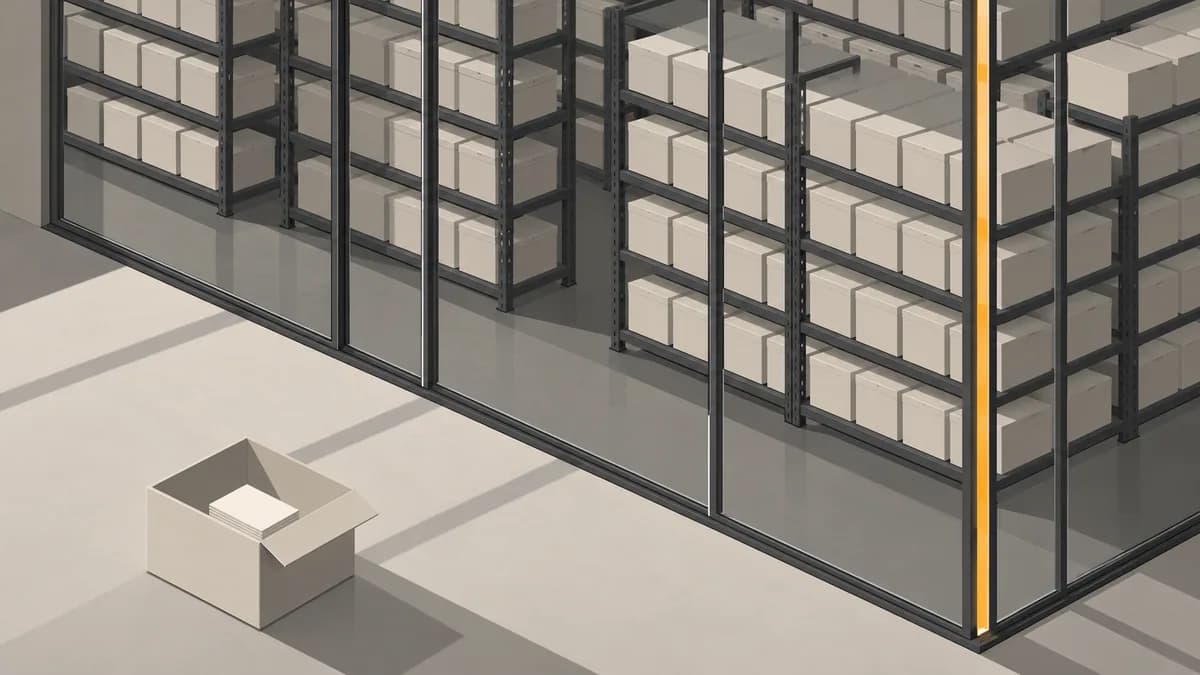Isometric illustration of an archive room where rows of identical plain storage boxes sit on shelves behind a closed glass wall, while a single open box outside the glass holds only a thin stack of loose blank cards