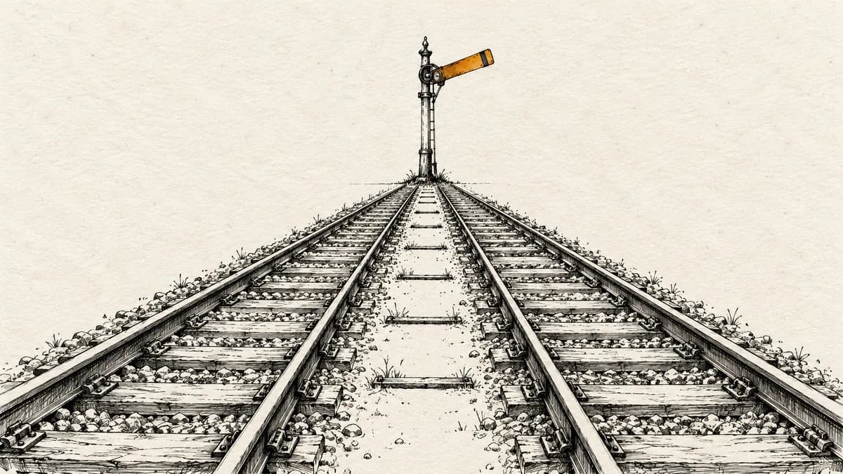 Hand-drawn ink sketch of two parallel rail tracks running side by side towards a single signal gate, with short cross-ties drawn between them where the two lines are compared