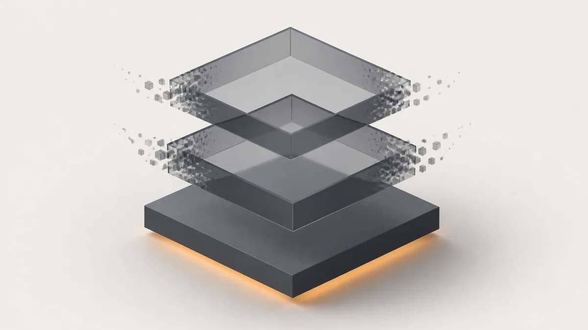 Isometric illustration of a tiered stack of platforms where the upper two levels have gone dark and hollow while the lowest level stays lit and intact