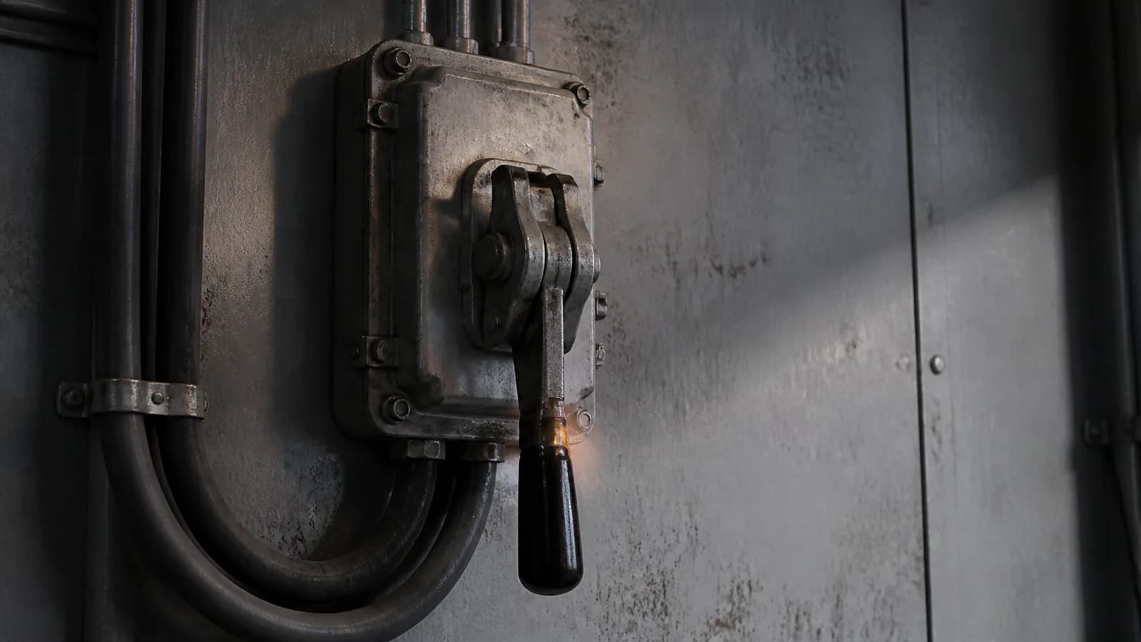 Editorial photograph of a heavy industrial knife switch mounted on a grey wall panel, thrown to the off position