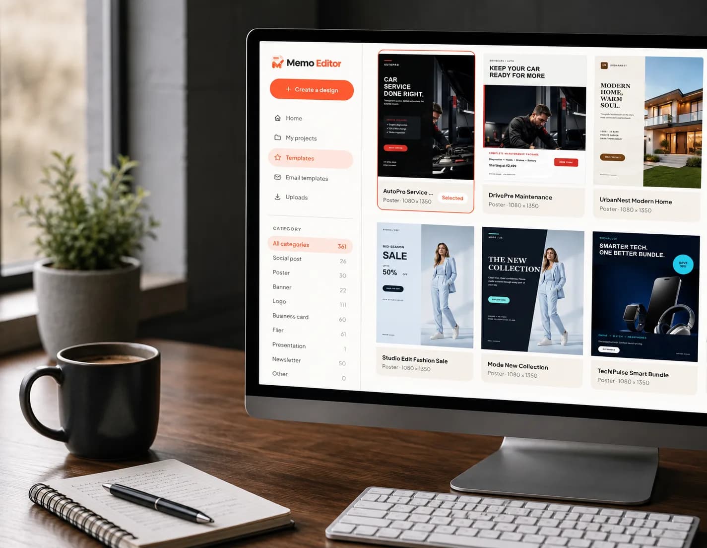 Memo Editor — template gallery with posters, banners and social designs