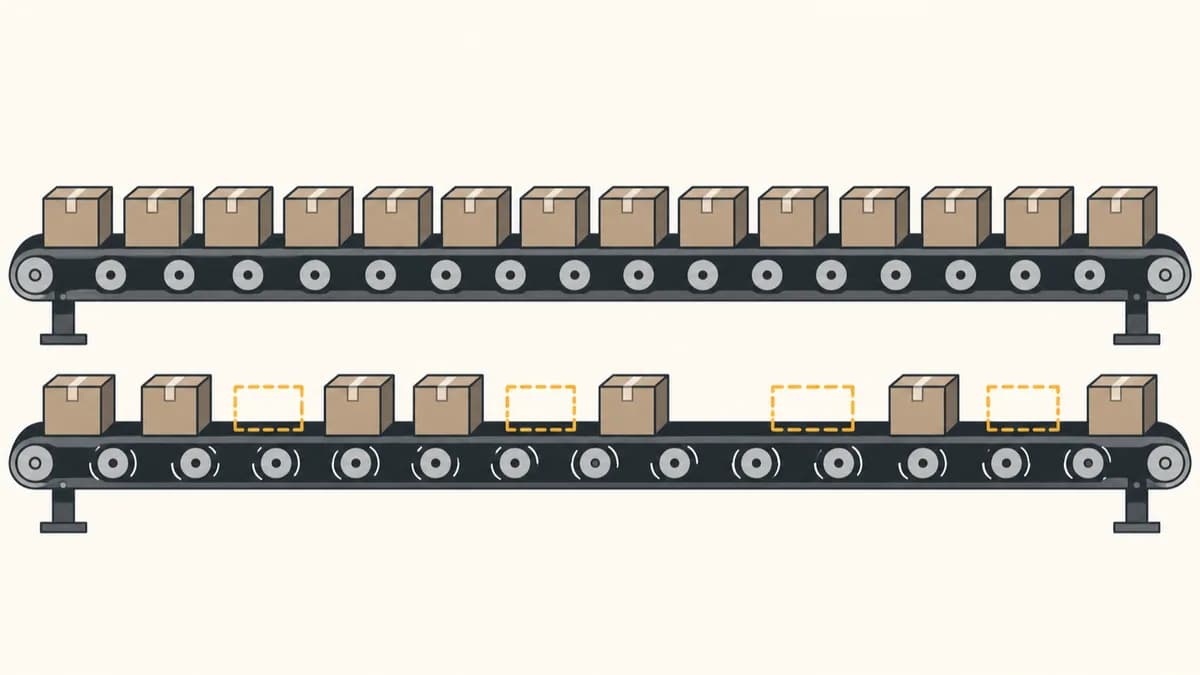 Flat vector illustration of two parallel conveyor lines carrying identical boxes, with scattered gaps where boxes are missing from one line
