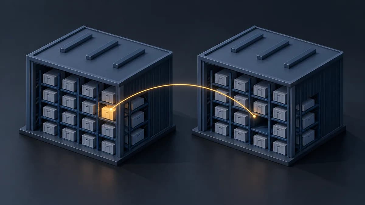 Isometric illustration of two identical miniature warehouses side by side, with one shelf slot empty in the right-hand building and a thin accent line joining the matching slots