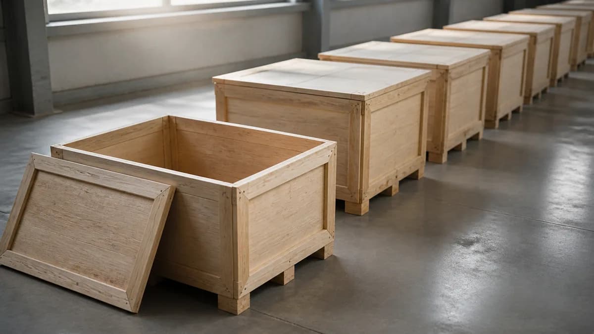 Editorial photograph of a row of sealed shipping crates on a warehouse floor with one crate open and completely empty