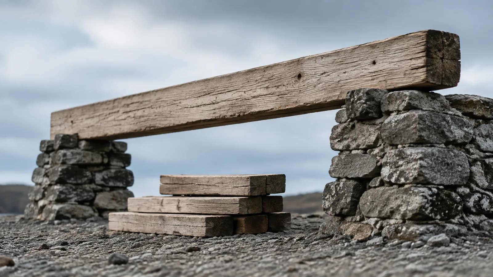 Editorial photograph of a long timber beam spanning a gap between two stone piers, with several short offcuts stacked underneath it