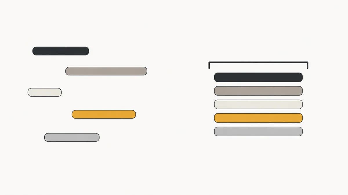 Flat vector illustration of several short horizontal bars of different lengths lying loose, next to the same bars gathered under one long bracket