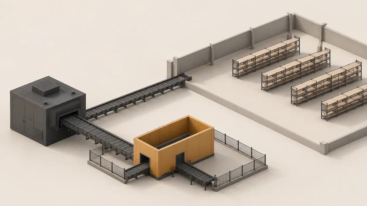 Isometric illustration of two parallel conveyor lines leaving one machine, one open and continuing into a large hall, the other passing through a small enclosed booth