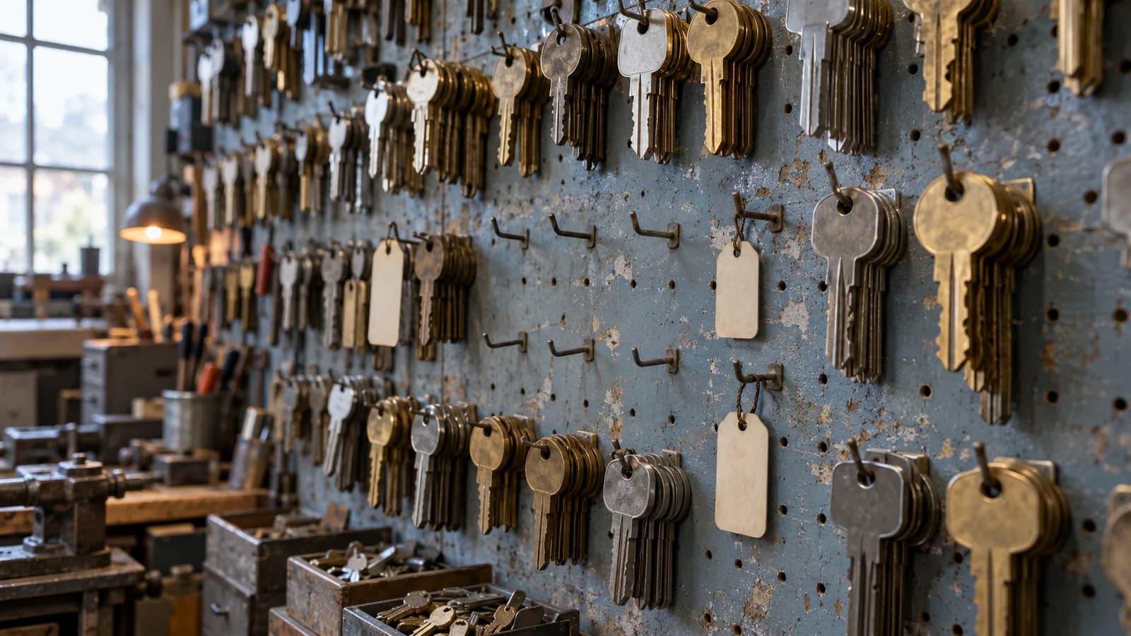 Editorial photograph of a locksmith's pegboard wall of cut keys on numbered hooks, several hooks empty, shallow depth of field