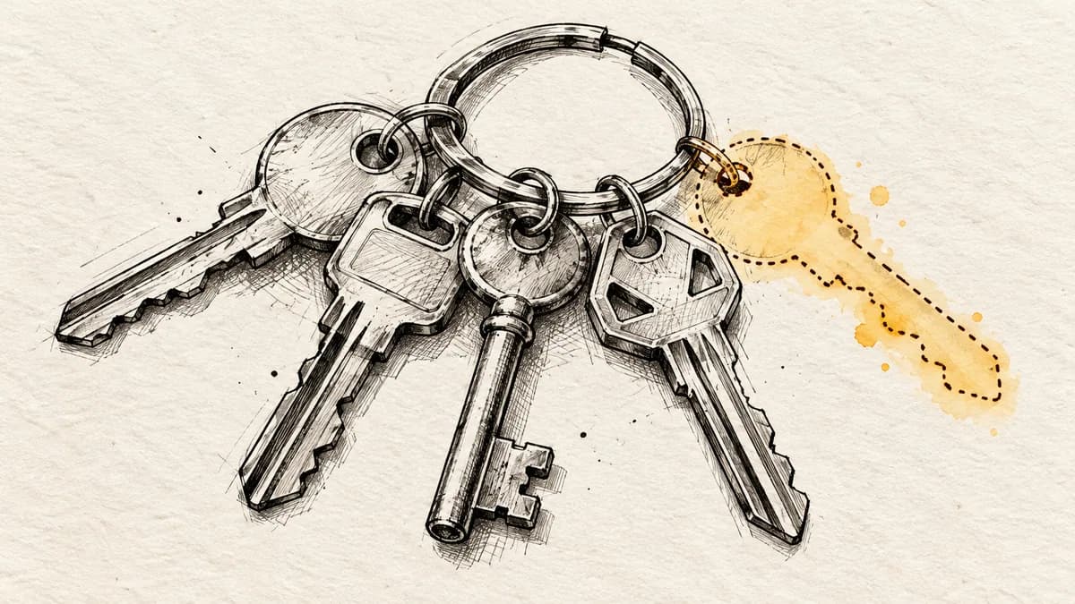 Hand-drawn ink sketch of a key ring holding several keys, with one key drawn as a dotted ghost outline