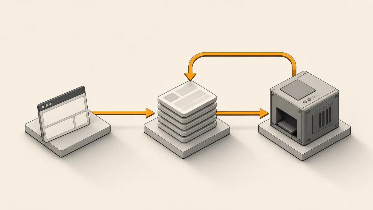 Flat vector diagram of a web request handing work to a queue, with a worker process picking it up and a redelivery arrow looping back