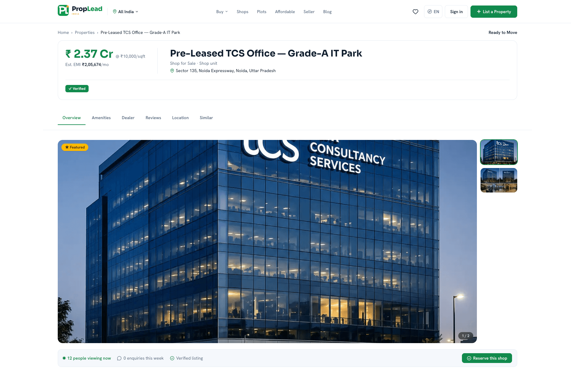 A PropLead India property detail page, showing the shipped UI for a pre-leased office listing