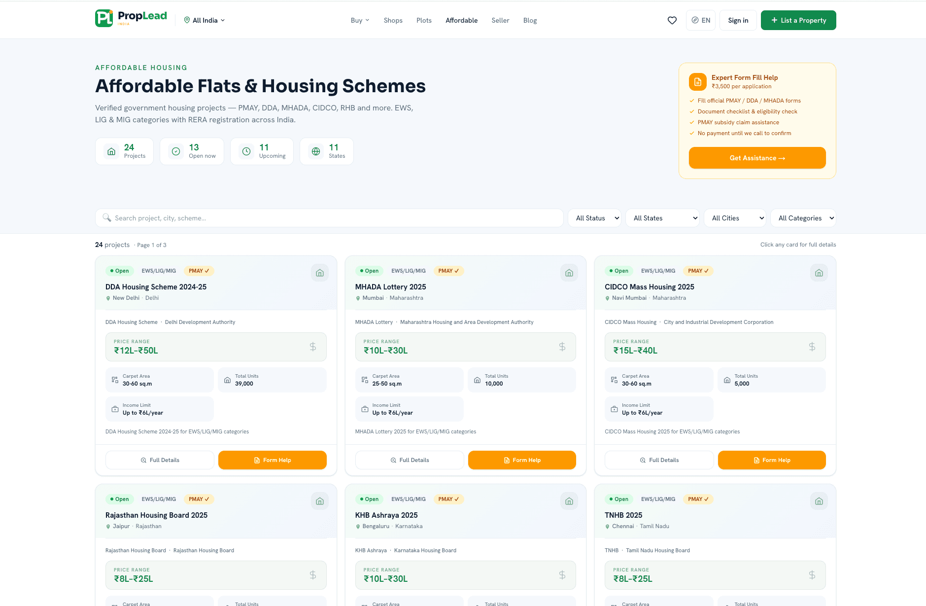 A PropLead India affordable-housing listing page, showing verified government housing schemes with filters and project cards
