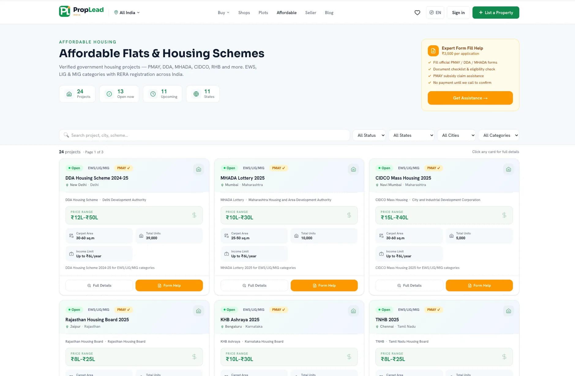 A PropLead India affordable-housing listing page, showing verified government housing schemes with filters and project cards