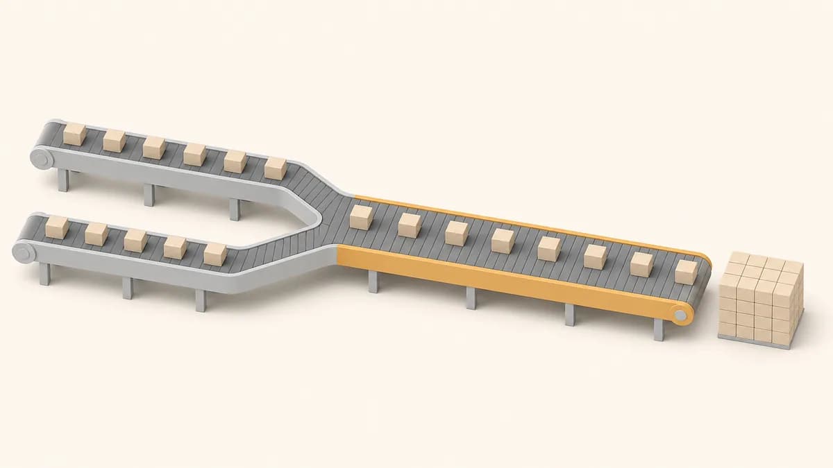 Isometric illustration of two parallel conveyor lines merging into a single wider line feeding one output stack