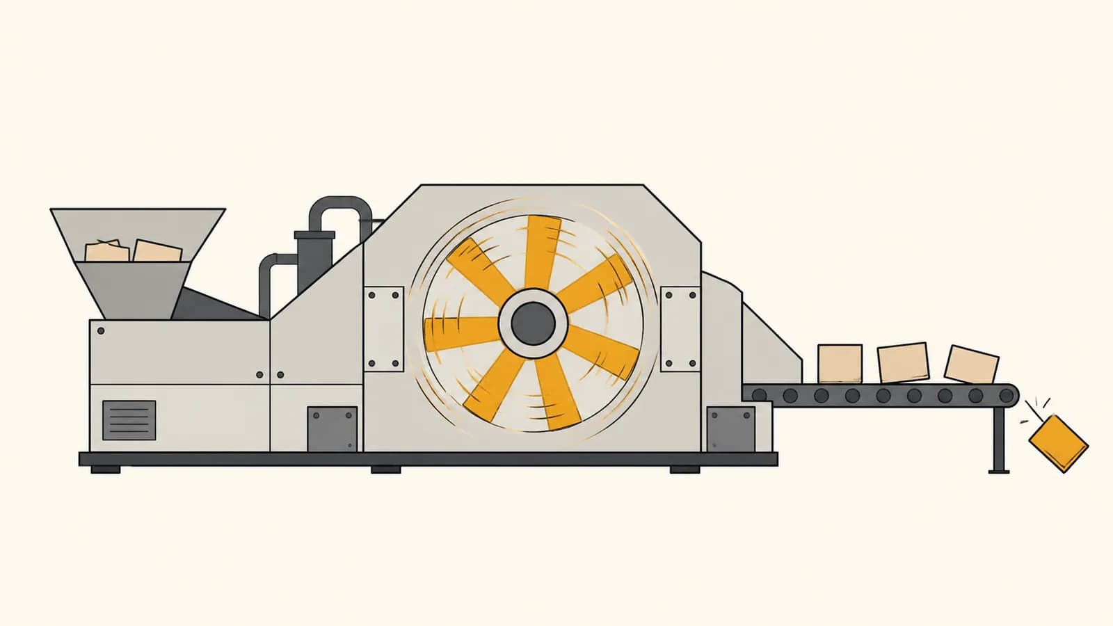 Flat vector illustration of a fast-spinning industrial rotor feeding a narrow output chute where stacked parcels have shifted out of order