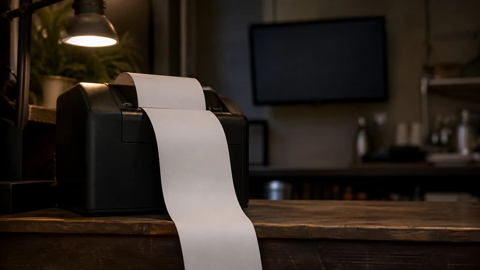 Editorial photograph of a retail counter where a receipt printer is still printing an order while the analytics screen on the wall behind it sits blank