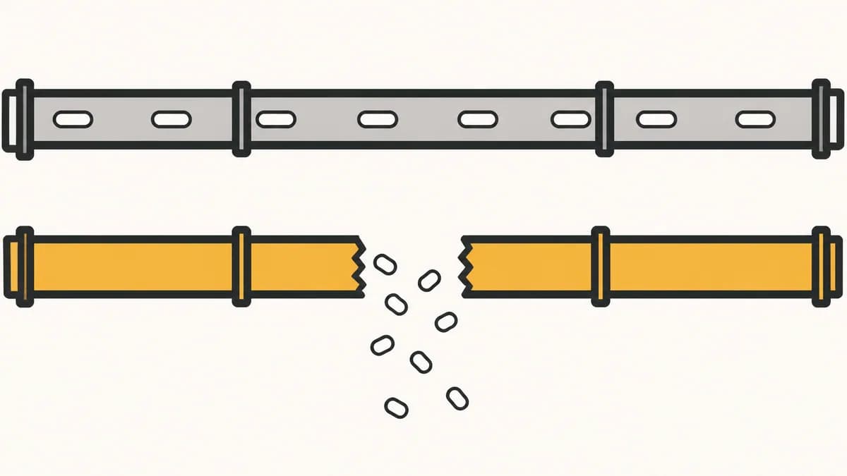 Flat vector illustration of two parallel pipelines running left to right, the upper one carrying payment tokens intact, the lower one severed mid-run with its contents spilling away