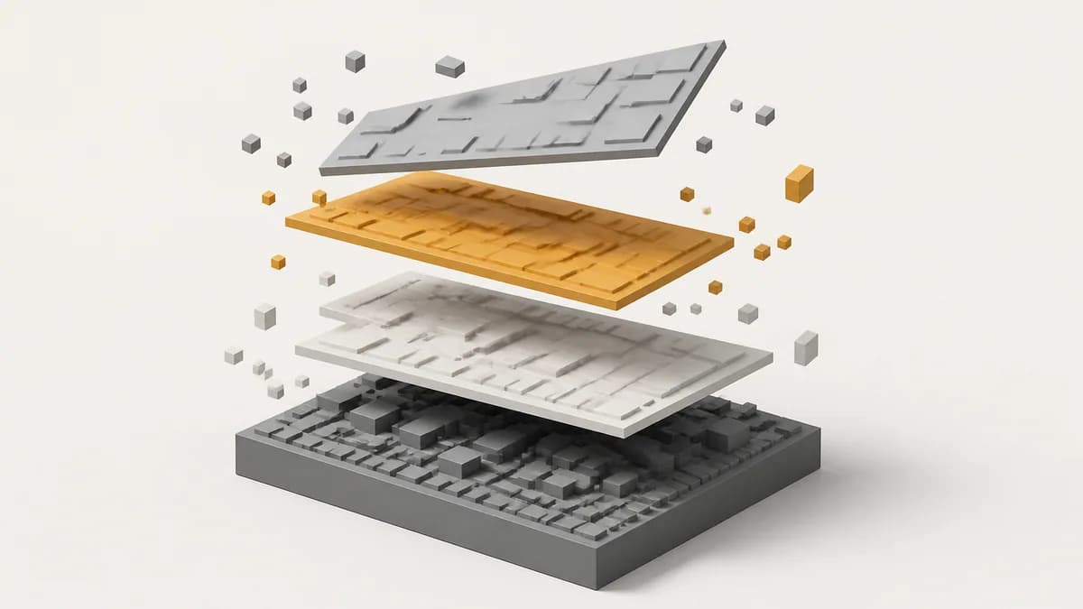 Isometric illustration of a checkout process shown as stacked platform layers, with the upper customisation layers detaching and drifting away while the payment layer beneath stays solid