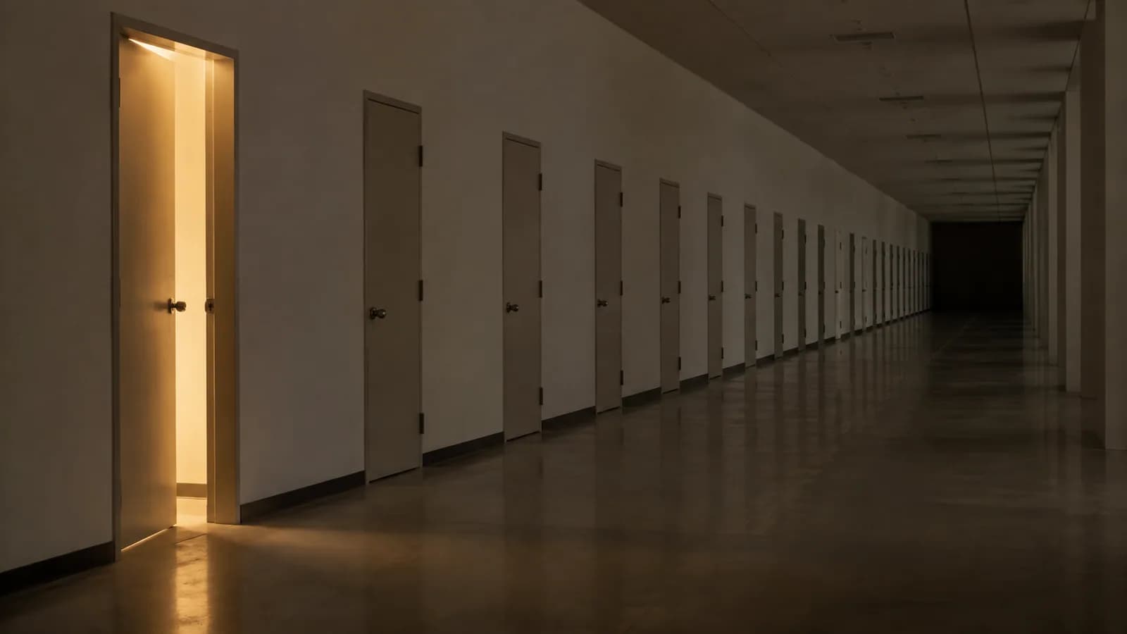 Editorial photograph of a long corridor of identical closed doors with only the first one lit from inside