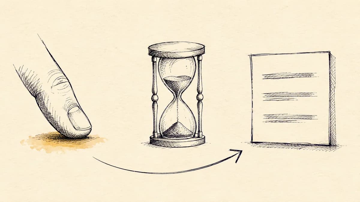 Hand-drawn ink sketch of a fingertip tapping, an hourglass, and a rectangle of content appearing, connected by a curved arrow