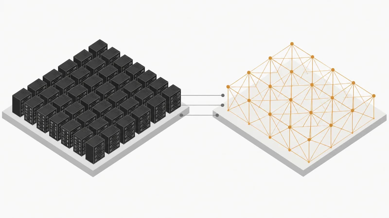 Isometric illustration of a dense grid of server racks beside an open connected lattice, linked by thin lines