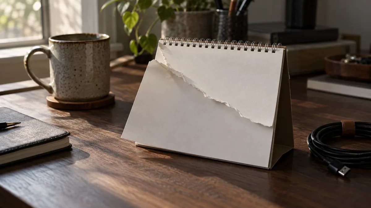 Editorial photograph of a paper desk calendar with one page half torn, lying on a dark desk beside a coiled cable and a mug in raking window light