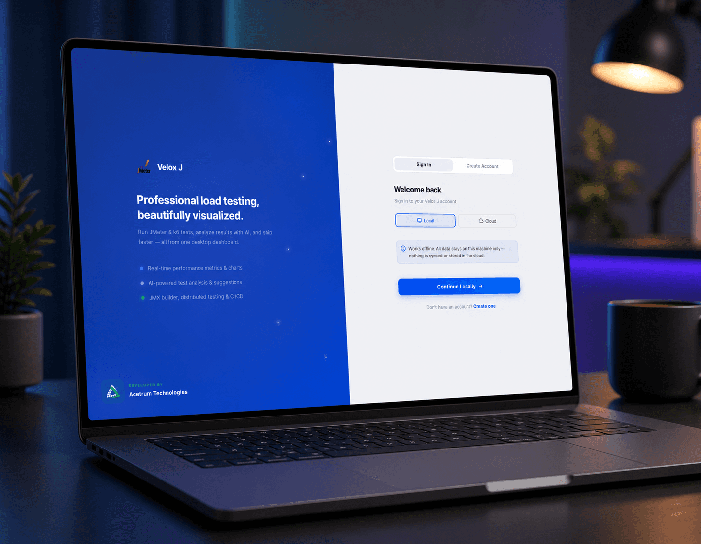 Velox J desktop app — JMeter and k6 load-testing dashboard with AI-powered analysis