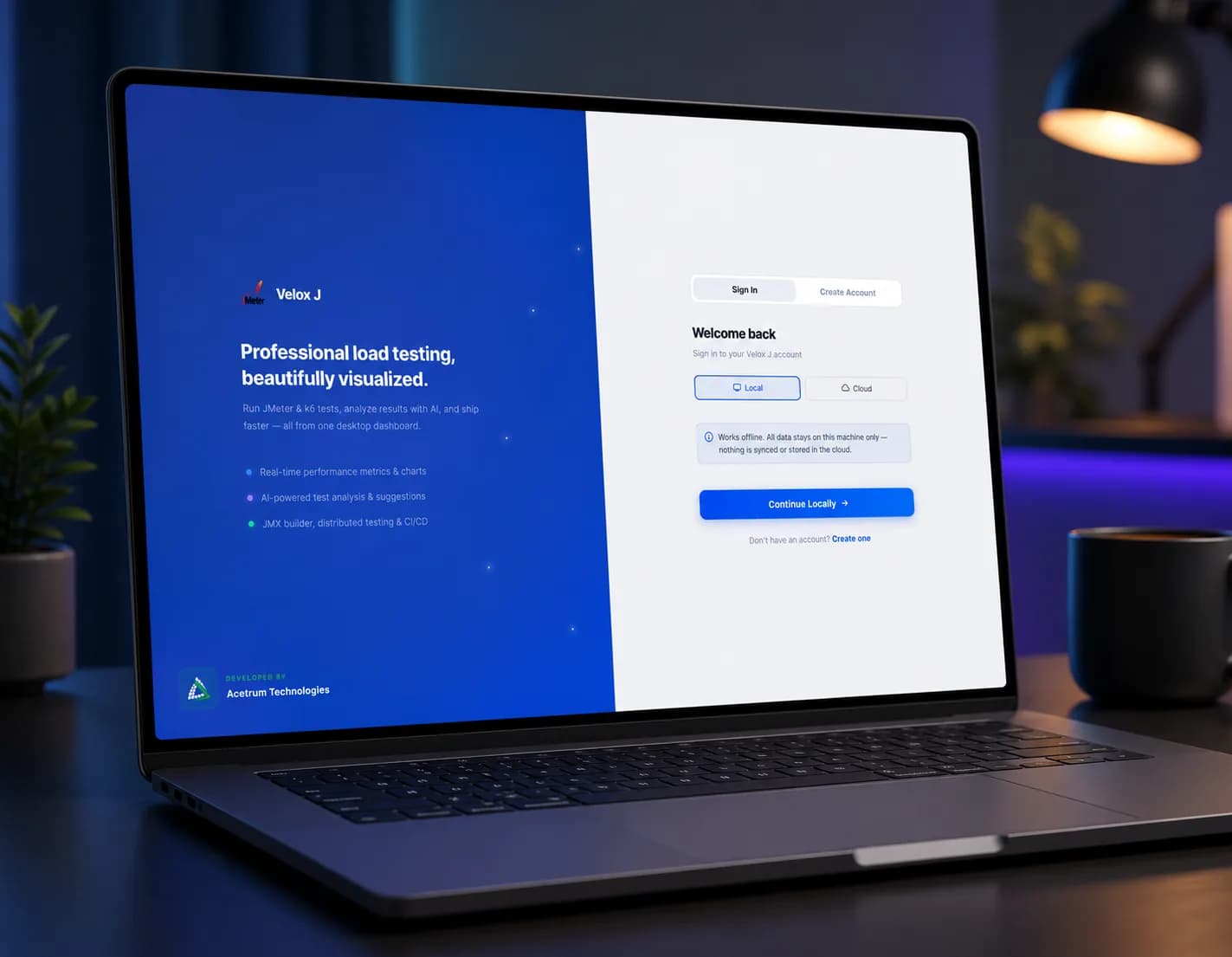 Velox J desktop app — JMeter and k6 load-testing dashboard with AI-powered analysis