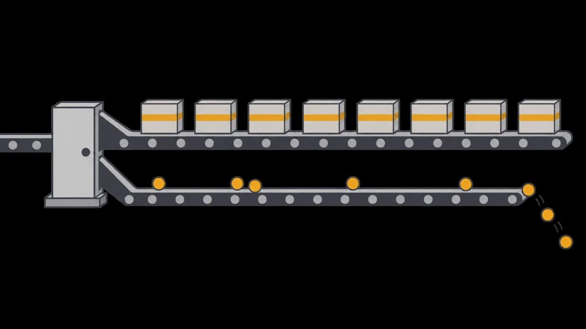 Flat vector illustration of two parallel lanes leaving a single gate, the upper lane carrying identical boxes evenly spaced in strict order, the lower lane carrying loose scattered tokens with several falling away