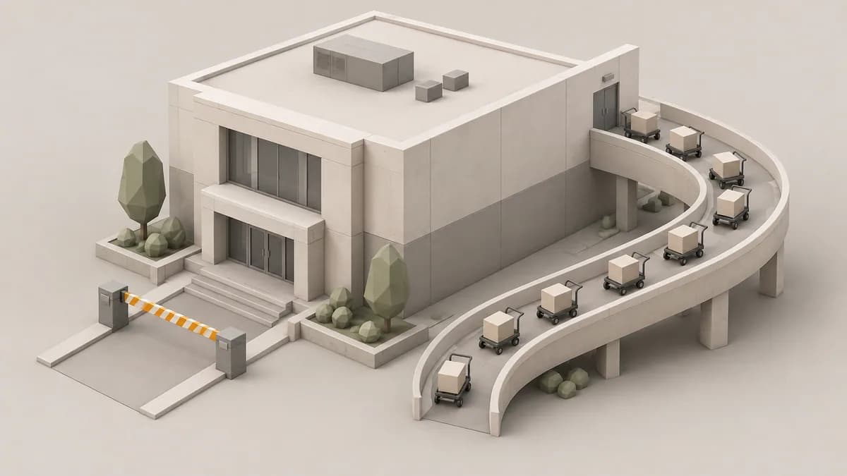 Isometric illustration of a building with two entrances, the direct one closed off by a lowered barrier while a stream of small carts takes a longer external ramp around the side