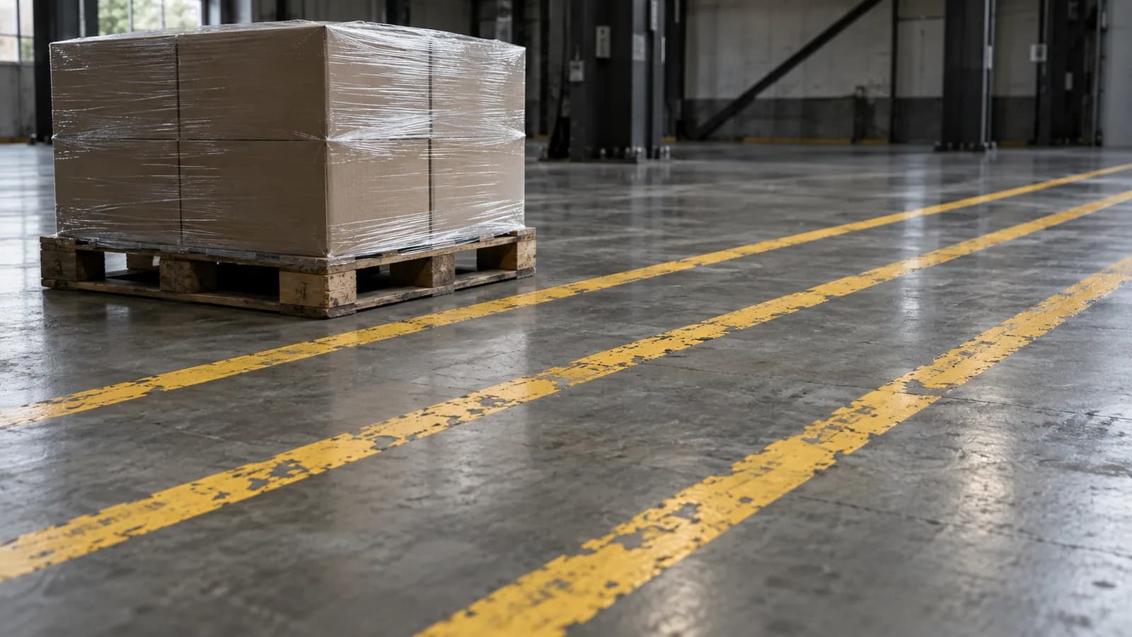 Editorial photograph of a warehouse floor marked with three parallel painted lines in worn yellow paint, a loaded pallet stopped behind the first line
