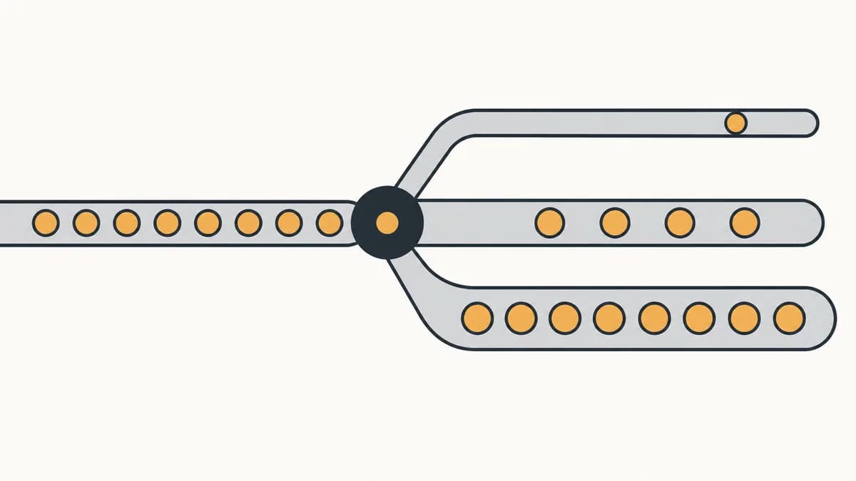 Flat vector illustration of small tokens travelling down a track and being sorted into three separate lanes of different widths