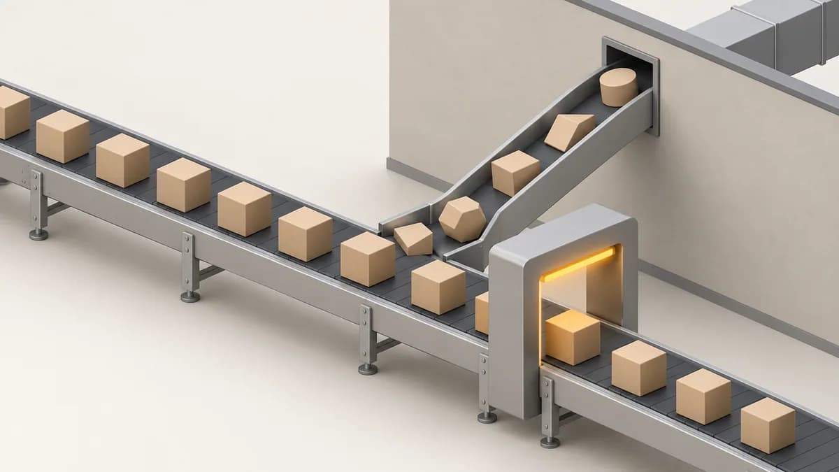 Isometric illustration of parcels moving along a conveyor through an inspection arch, with a second chute feeding in unlabelled parcels from outside the building
