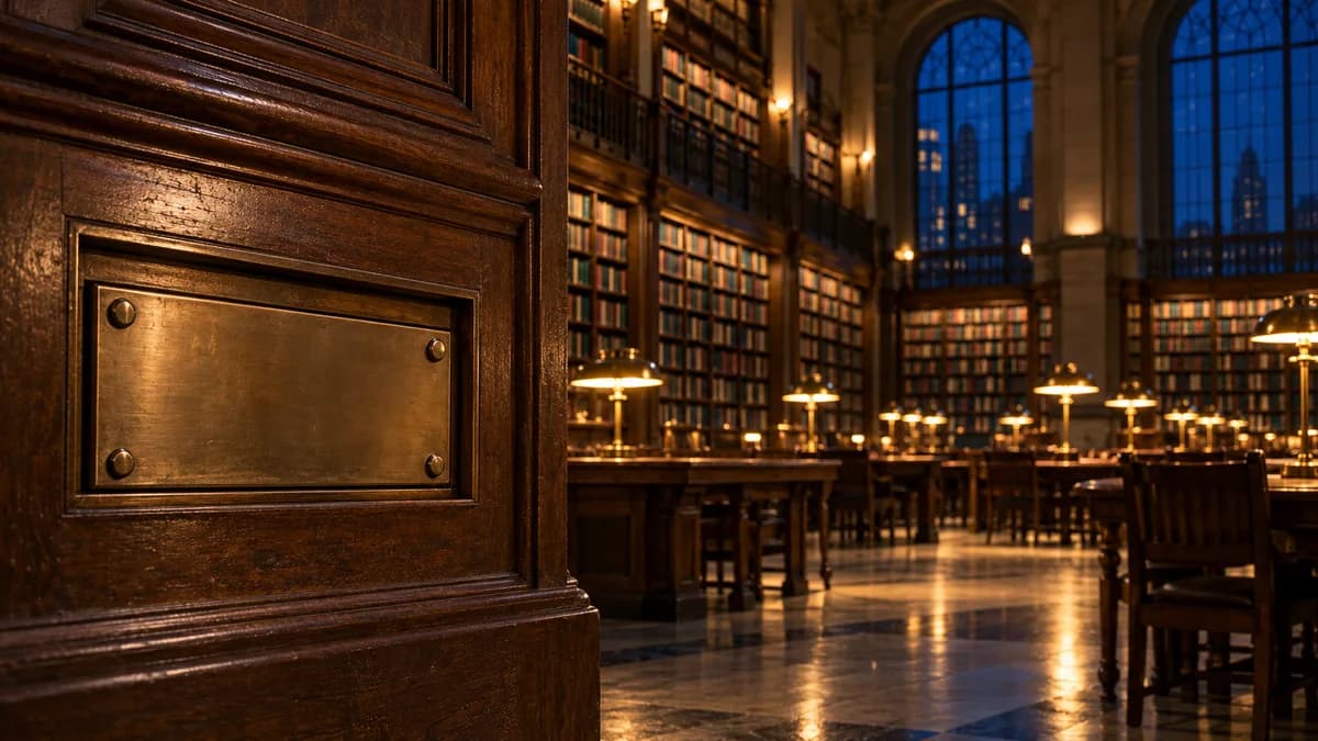 Editorial photograph of a fully stocked and brightly lit public library reading room at night with every shelf full, and in the foreground a brass wall deposit slot sealed shut by a flat metal plate