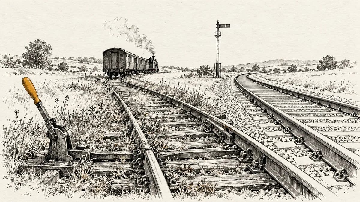 Hand-drawn ink sketch of a railway junction where a points lever has switched a train from a newly laid track onto an older weed-grown line running parallel to it