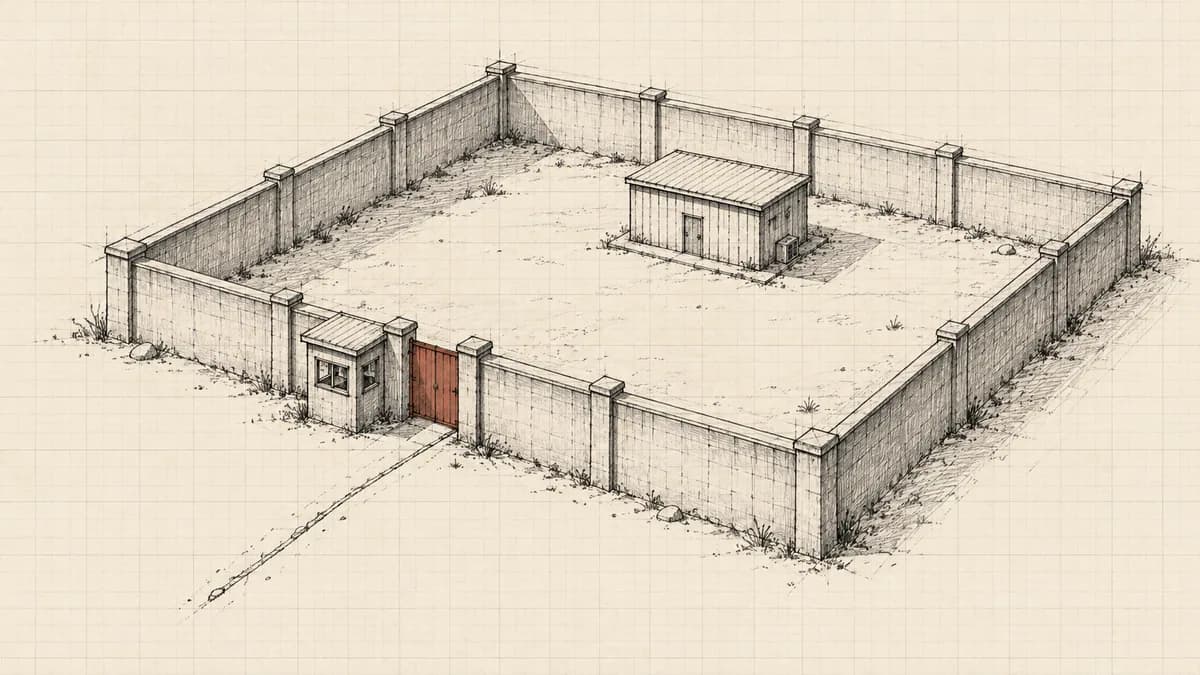 Hand-drawn blueprint-style sketch of a small walled compound with a single guarded gateway and one machine housed inside, drawn in fine ink lines on pale paper